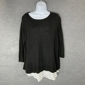 Roz & Ali Layered Look Top Polka Dot Blouse 3/4‎ Sleeve Black White Knit 1X